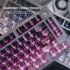 Crimson Peach & Ink Frost Gradient Carbon Fiber Mechanical Keyboard Keycaps — Cherry Profile